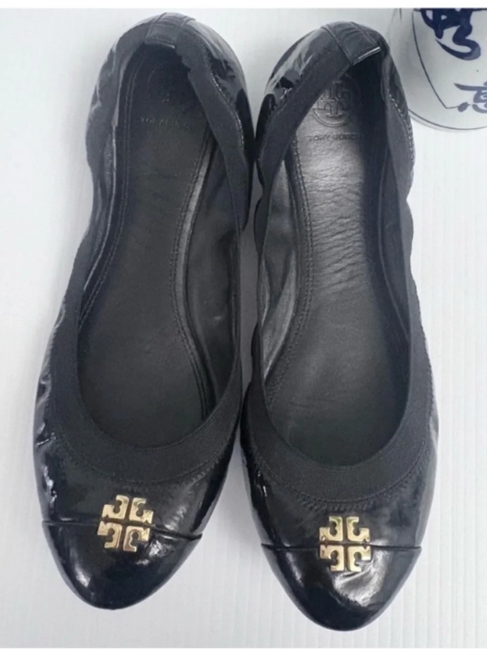 Tory Burch Jolie Elastic Black Patent Leather Logo Ballet Flats Size 10.5